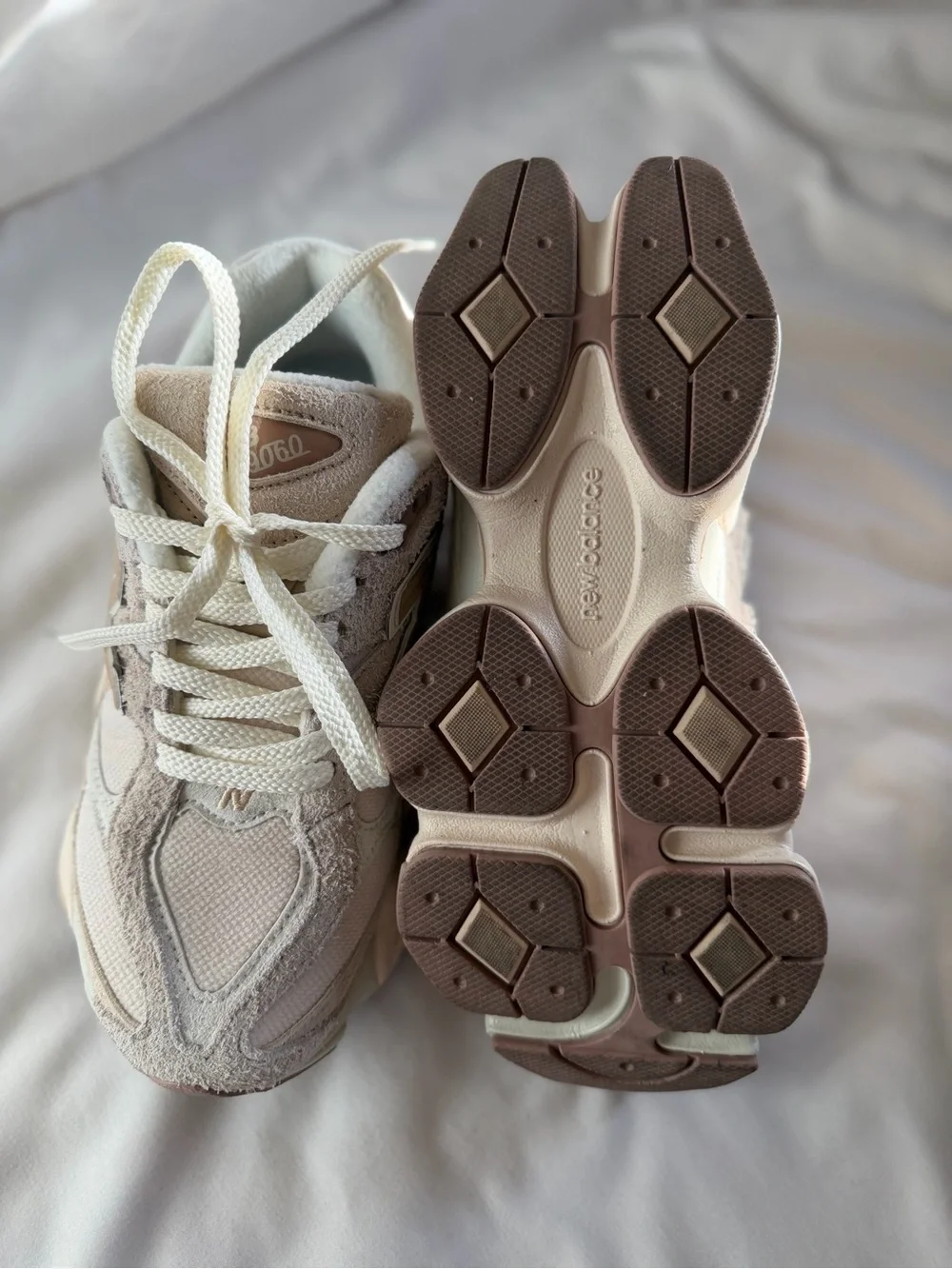 New Balance Women's 9060 in Bisque Sea Salt, thick structured suede Sneakers